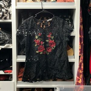 Forever 21+ black sheer roses pattern red cute top